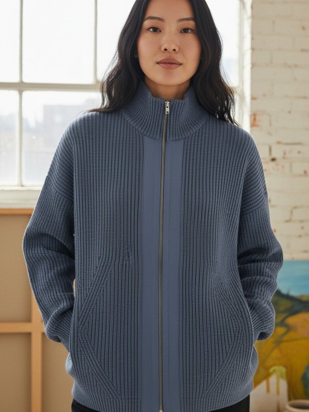 Wrap London Cotton Blue Ribbed Knit Zip Up Cardigan Jacket Size L 12 14